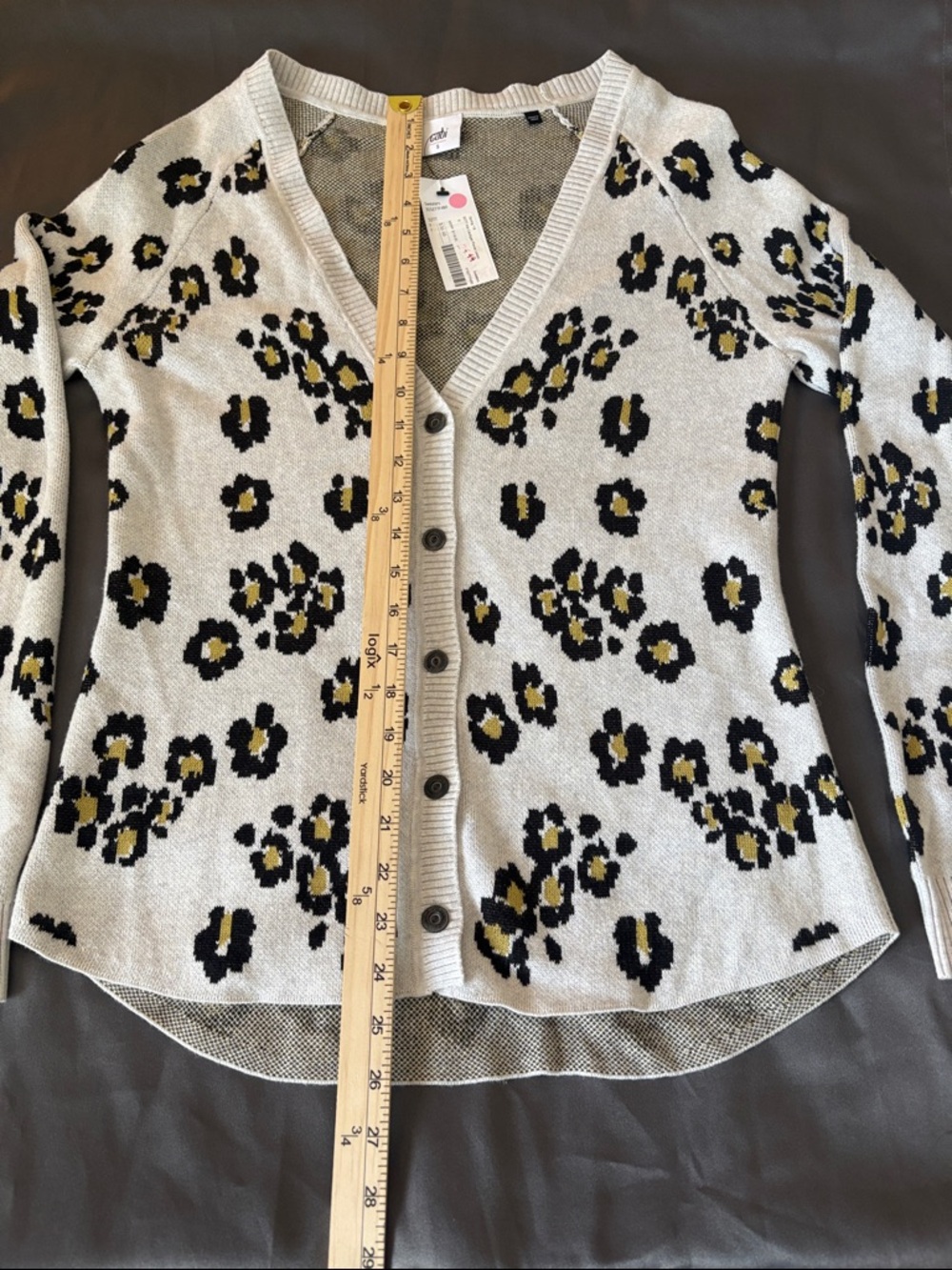 NWT CAbi Leopard Print V-Neck Button Preppy Cardigan - Cream/Black/Gold SZ S - Picture 6 of 6